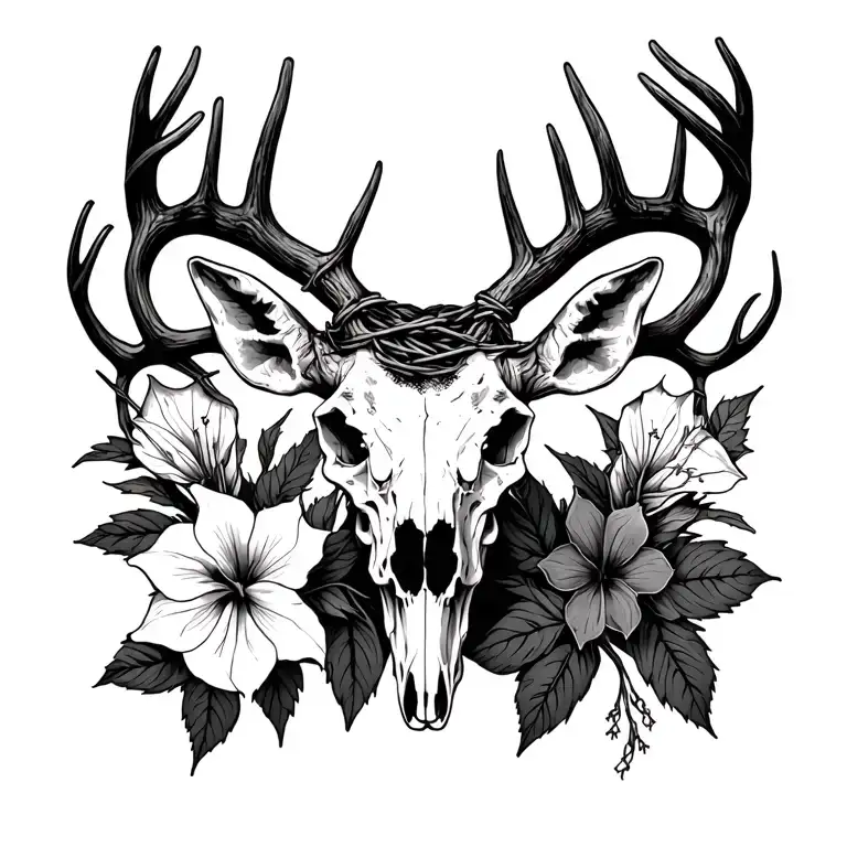Deer skull with antlers with barbed wire and datura flowers in the antlers tattoo design idea