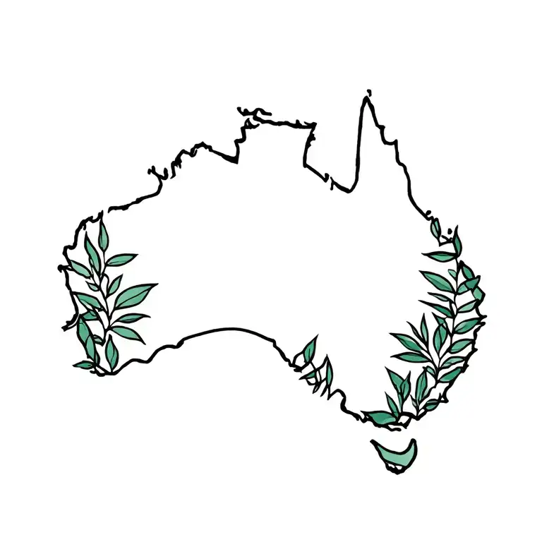 Outline of Australia. Small, minimalist. No colours.  Eucalyptus leaves vining up the east coast. Not too crowded. tattoo design idea