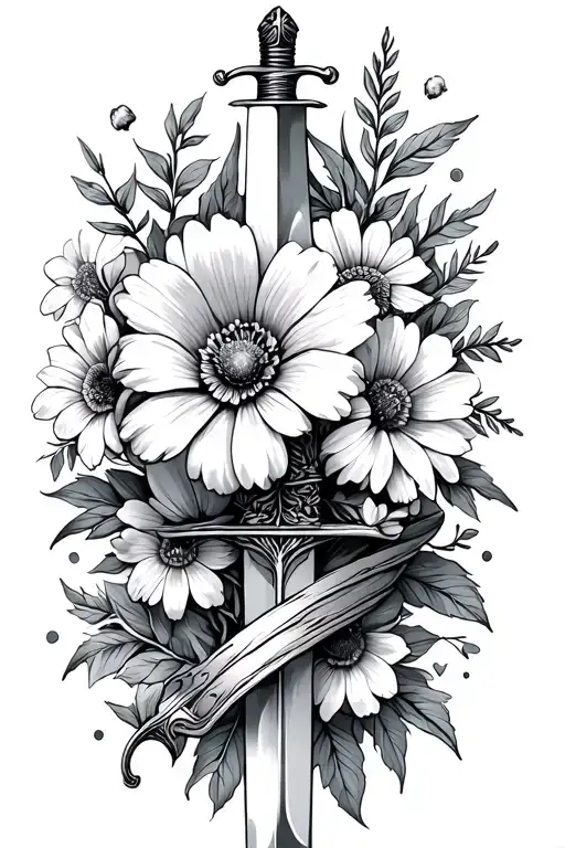 November,June,July, August birth flowers intertwined around sword. dainty on spine  tattoo design idea