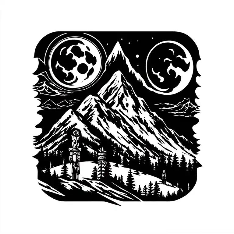 Mountain with full moon in the background that incorporates blackfoot native totem poles and a wolf tattoo design idea