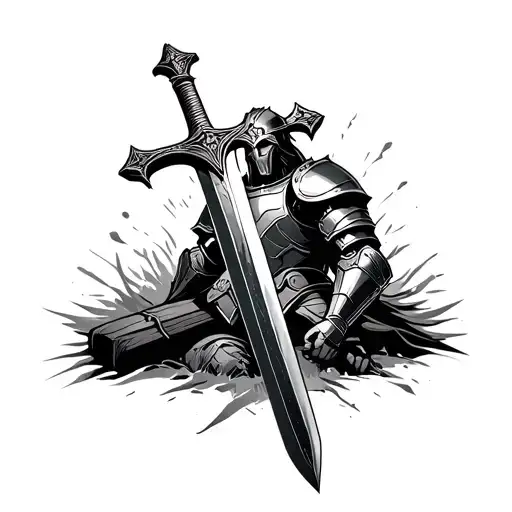 Sword turning into a rugged cross at the bottom accompanied by the full armor of God leaning up against it tattoo design idea