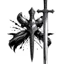 Sword turning into a rugged cross at the bottom accompanied by the full armor of God leaning up against it tattoo design idea
