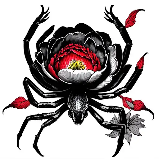 Red snake, black spider, bw peony tattoo design idea