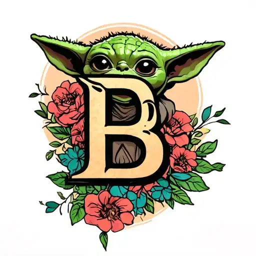 letter B with baby yoda ears tattoo design idea