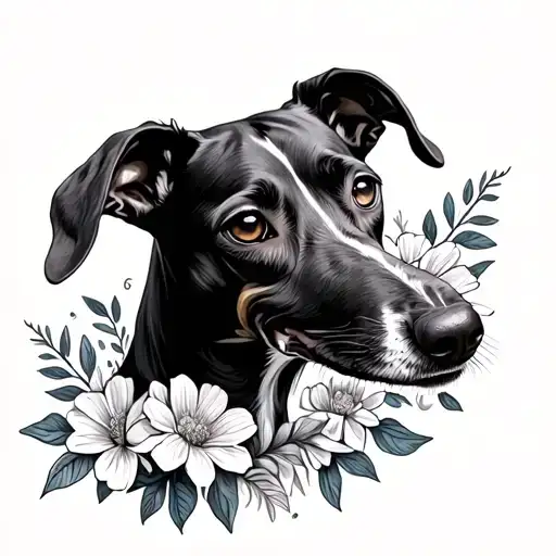 whippet dog in  flowers tattoo design idea