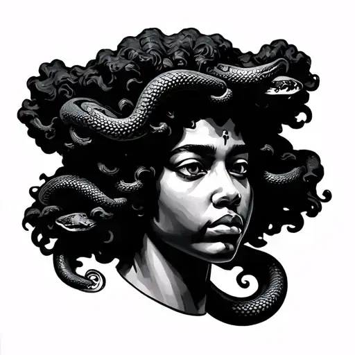African American Medusa statue head with afro puffs hair snakes tattoo design idea
