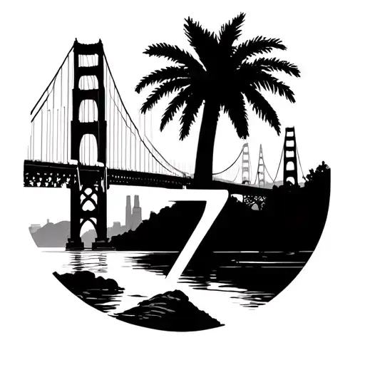 The San Francisco bridge in Petit, with a palm and number seven, in minimalist black and white format tattoo design idea
