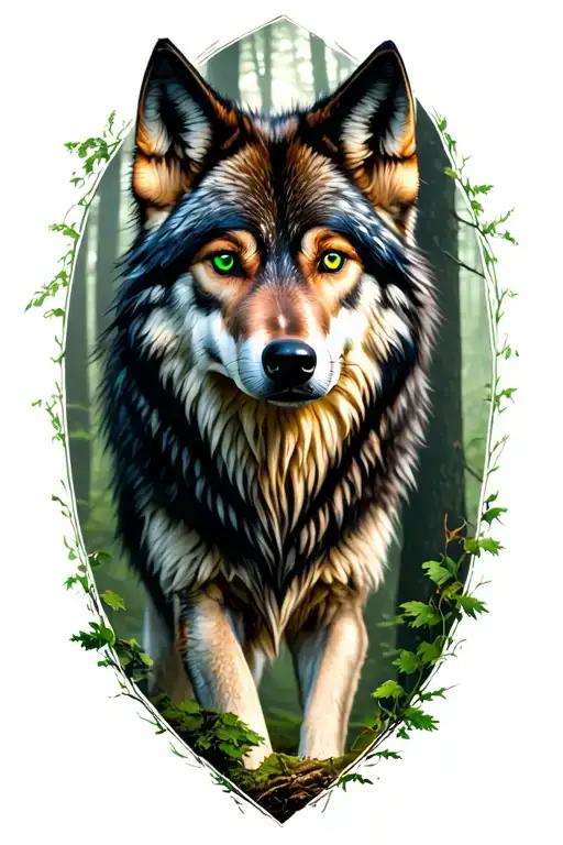 A realistic black and grey wolf with intense green eyes, standing in a dark enchanted forest. Around the wolf, carved st tattoo design idea
