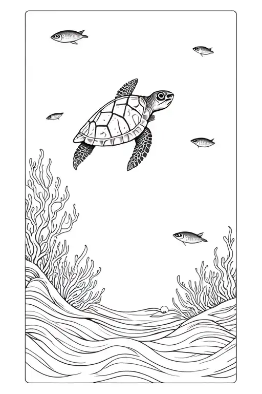 Tattoo design of Sea turtle and sardines with coral and waves surrounding tattoo design idea