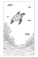 Tattoo design of Sea turtle and sardines with coral and waves surrounding tattoo design idea