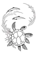 Tattoo design of Sea turtle and sardines with coral and waves surrounding tattoo design idea