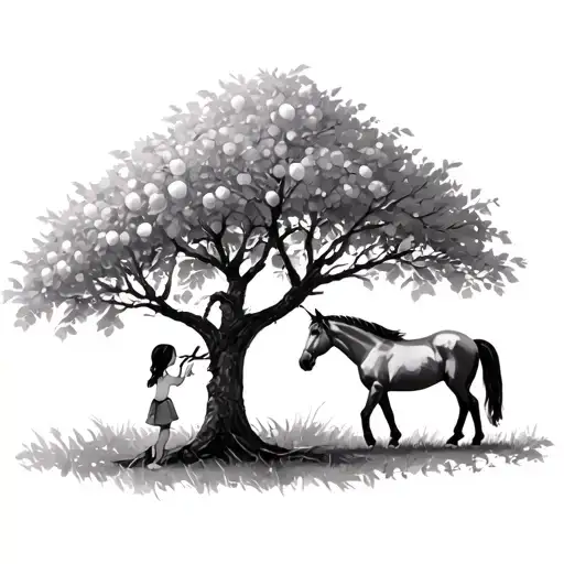 A little girl climbing an apple tree with a horse next to it tattoo design idea