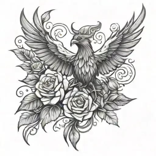 phoenix bird, cross, roses growing tattoo design idea