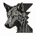 wolf head cyberpunk cityscape tattoo design idea
