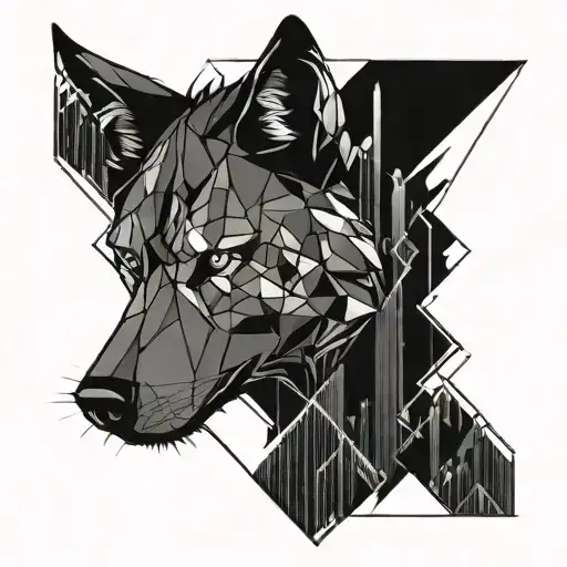 wolf head cyberpunk cityscape tattoo design idea