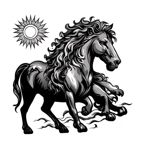 Horse and lion and the sun tattoo design idea