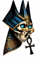  Realistic tattoo of Anubis with glowing blue eyes and an ankh symbol on the forehead, merged with a human skull that al tattoo design idea
