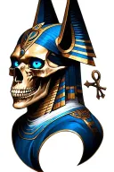  Realistic tattoo of Anubis with glowing blue eyes and an ankh symbol on the forehead, merged with a human skull that al tattoo design idea