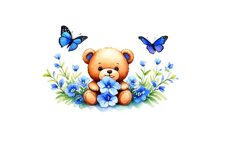 a small cartoon teddy bear surrounded by sweet pea flowers and blue butterflies tattoo design idea