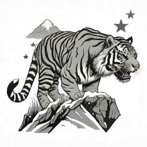 snow on top of a mountain with full body smalk tigress and 8 stars tattoo design idea