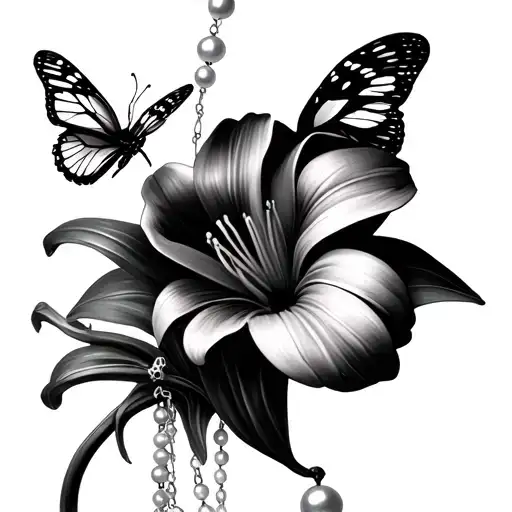 spider lily bloom with butterfly and pearl rosary beads tattoo design idea