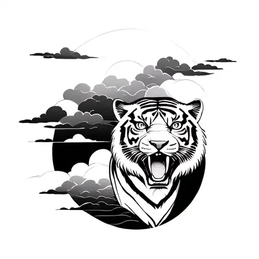 I WANT a upper arm tatto with japan tiger with black and white clouds tattoo design idea