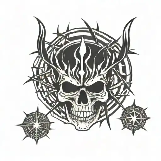 Fire, stars, satanic, skull, Native American, tribal in lines tattoo for the arm  tattoo design idea