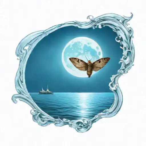 A moth flying under a full moon in a serene ocean setting tattoo design idea