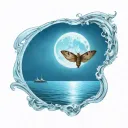 A moth flying under a full moon in a serene ocean setting tattoo design idea