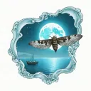 A moth flying under a full moon in a serene ocean setting tattoo design idea