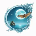 A moth flying under a full moon in a serene ocean setting tattoo design idea