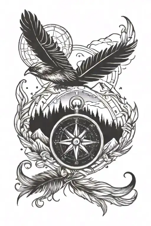 compass moon feather camping wilderness mountains  tattoo design idea