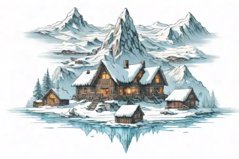 an old ice village with dark energy big mountains, old cabins and ice tattoo design idea