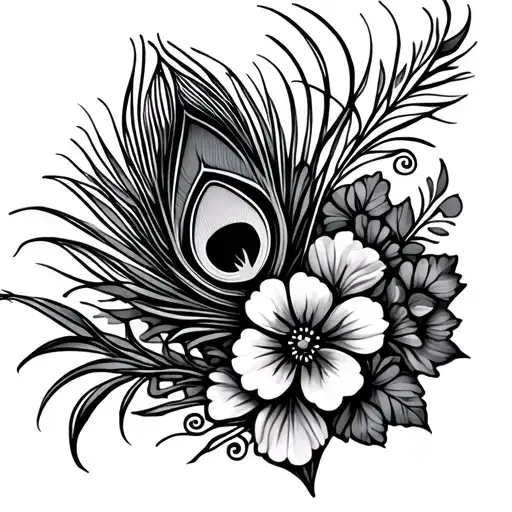 Black and gray outline peacock feather, gears, and sweet pea flowers tattoo design idea