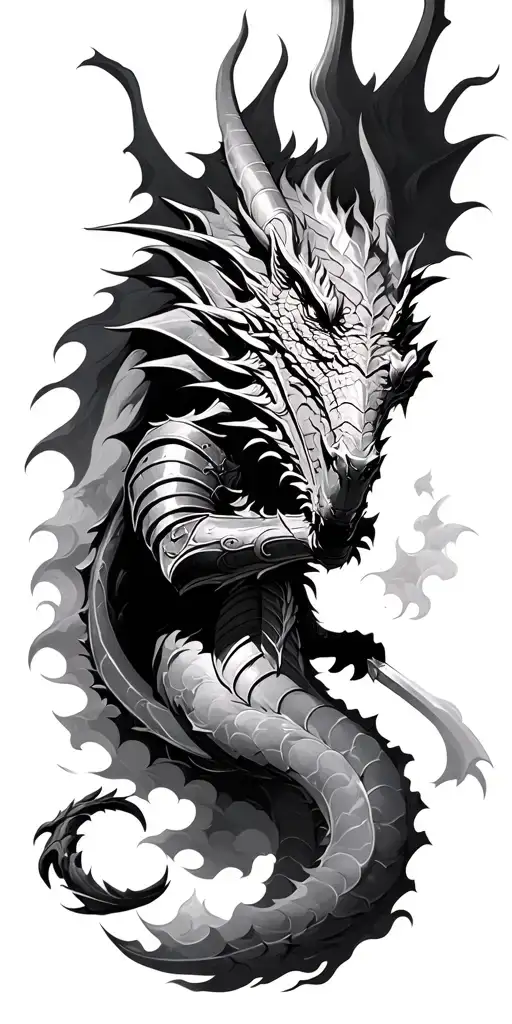 knight slaying dragon clouds storm tattoo design idea