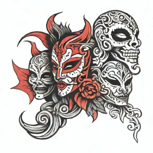3 different overlapping masks one tattoo design idea