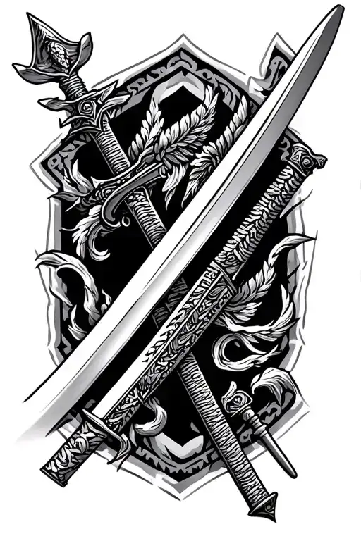 "ΜΟΛΩΝ ΛΑΒΕ" A Japanese katana and a Doric spear (symbol of the Spartan hoplite) crossed, representing mastery in war tattoo design idea