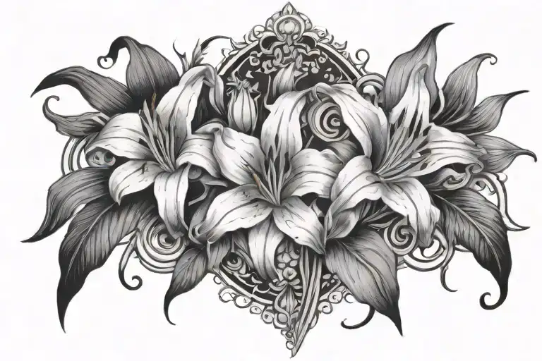 1 black lily to the left with white roses and 1 white lily to the right with black roses cross in the center with r tattoo design idea