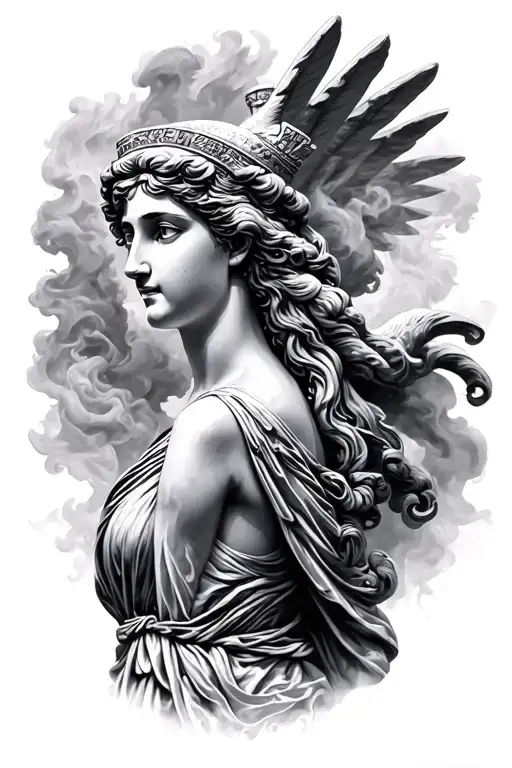 Greek goddess and freedom, coliseum with light smoke tattoo design idea