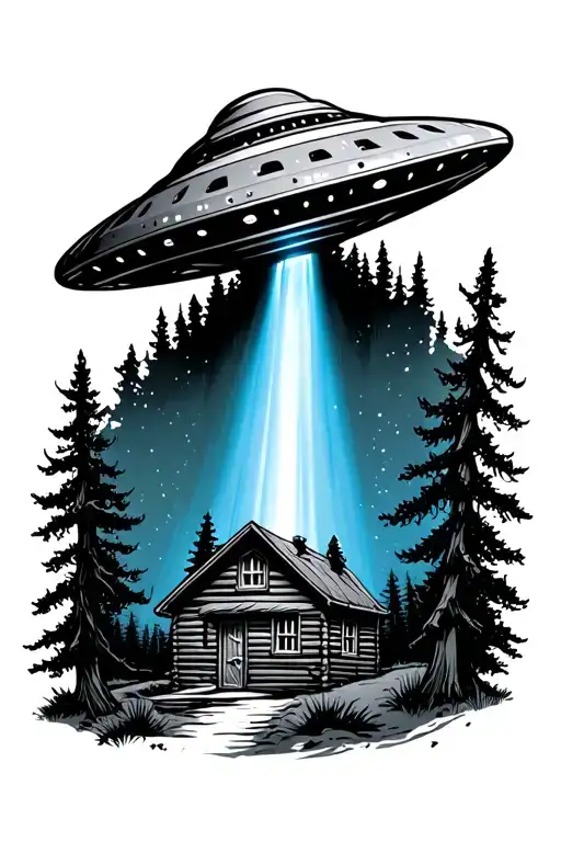 ufo with blue beam over a cabin in the woods tattoo design idea