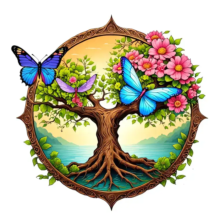 tree of life with butterfly dragonfly and fairy  tattoo design idea