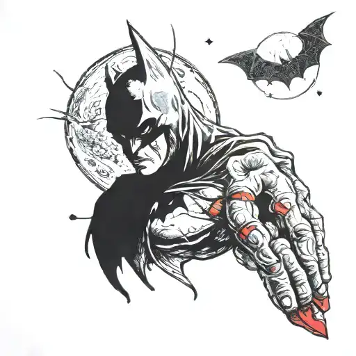 batman, bat, forearm taking part of the hand, red details, moon and realism tattoo design idea