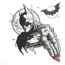 batman, bat, forearm taking part of the hand, red details, moon and realism tattoo design idea