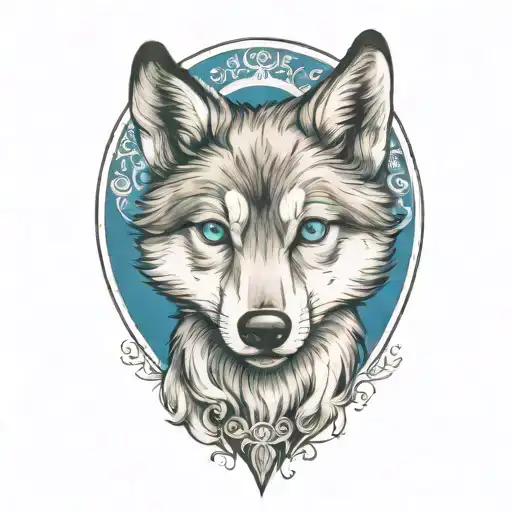happy wolf puppy with blue eyes surrounded tattoo design idea