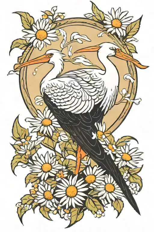 stork bird and camomile flower tattoo design idea