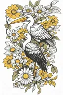 stork bird and camomile flower tattoo design idea