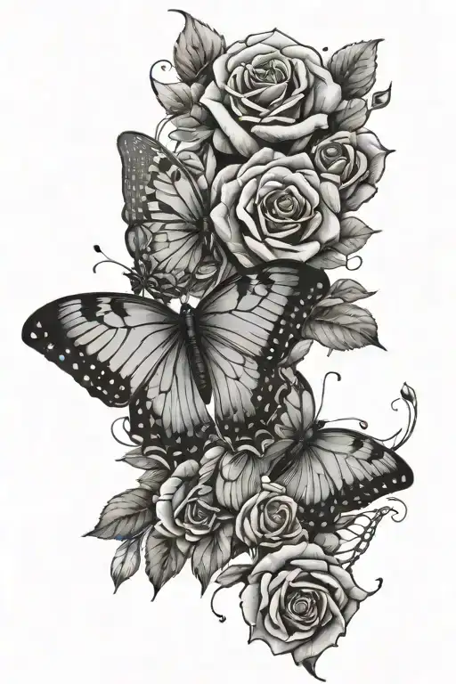 butterfly wings with roses growing tattoo design idea