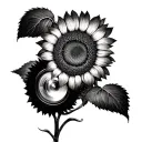 A Van Gogh inspired sunflower with a hidden image of a camera lens, representing the love for photography and art tattoo design idea