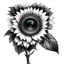 A Van Gogh inspired sunflower with a hidden image of a camera lens, representing the love for photography and art tattoo design idea