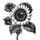 A Van Gogh inspired sunflower with a hidden image of a camera lens, representing the love for photography and art tattoo design idea